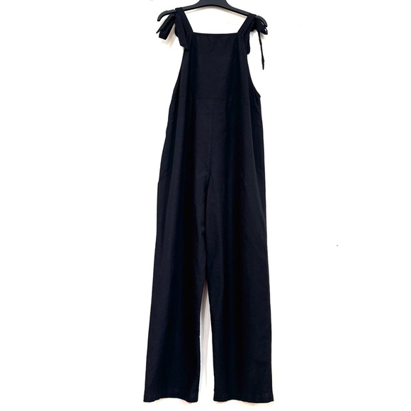 Lulus Tie Strap Beachy Linen Blend Straight Leg Preppy Black Overalls Jumpsuit L - Picture 5 of 16